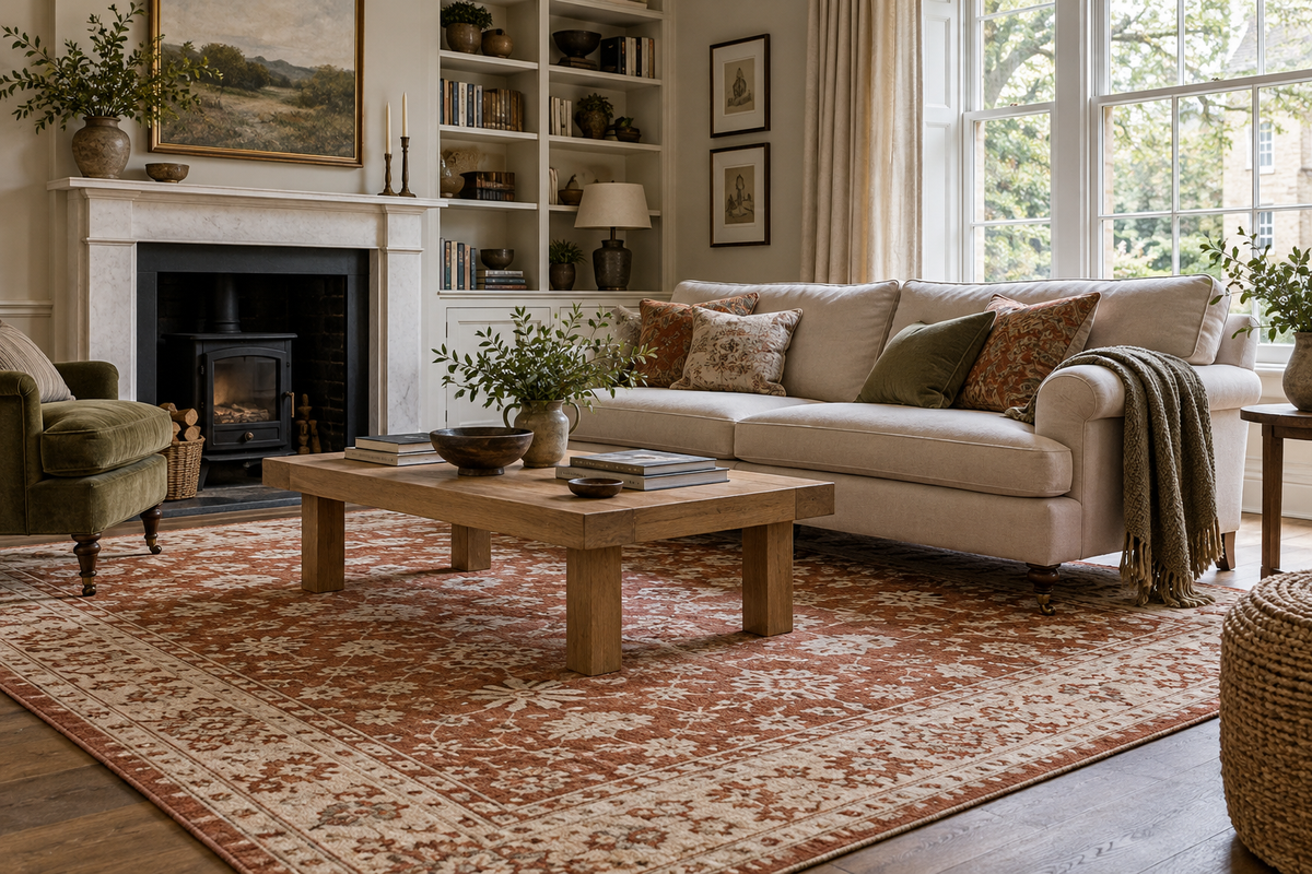 Terracotta and ivory patterned rug anchoring a softly furnished living room — illustrative Journal image