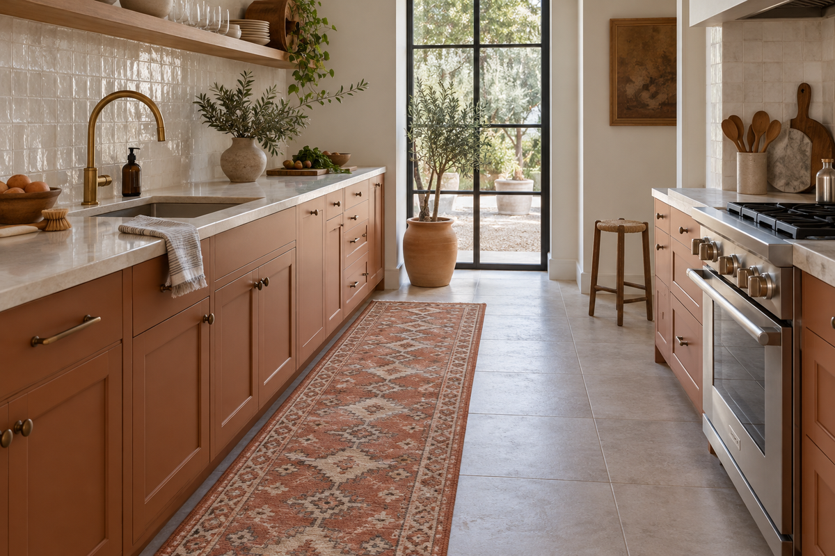Terracotta patterned runner alongside warm kitchen cupboards — illustrative Journal image