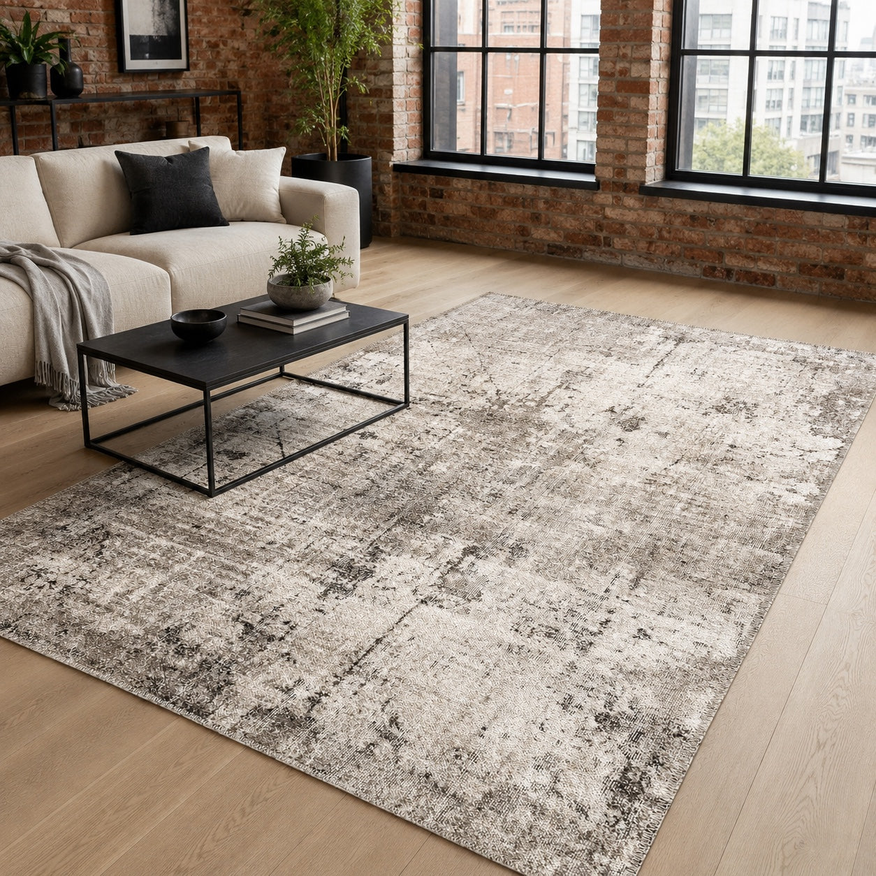 Vintage-inspired washable rug in a bright interior