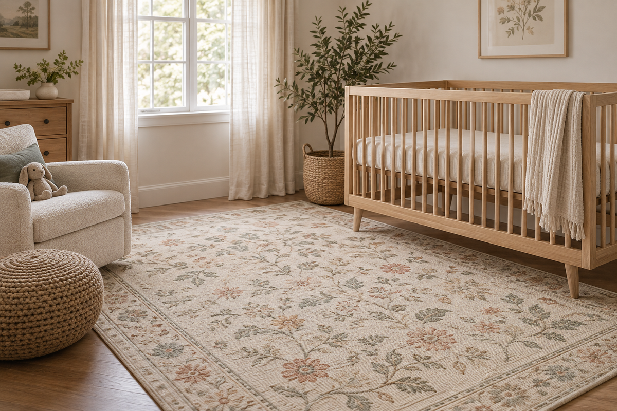 Muted floral rug in a softly lit nursery — illustrative Journal image