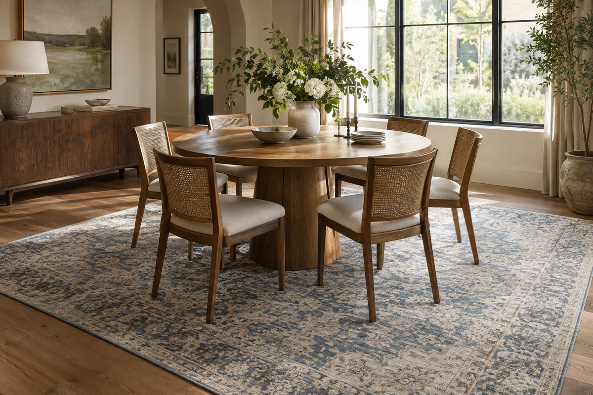Blue and ivory patterned rug beneath an oak dining table — illustrative Journal image