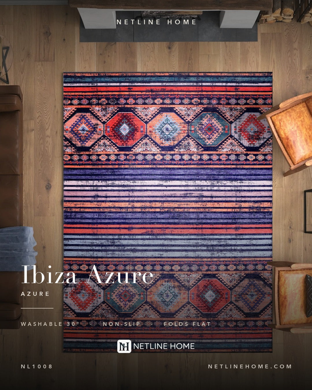 Dusky Patina Bright Blue Bohemian Washable Rug — vista de cima