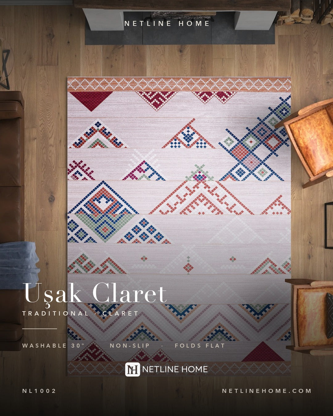 Painted Medallion Deep Red Traditional Washable Rug — foto em ambiente 2