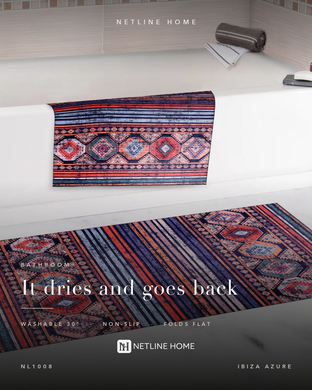 Dusky Patina Bright Blue Bohemian Washable Rug — foto em ambiente 12