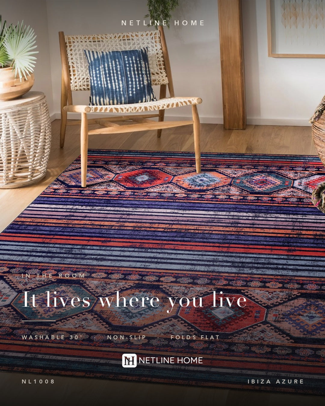 Dusky Patina Bright Blue Bohemian Washable Rug — foto em ambiente 13