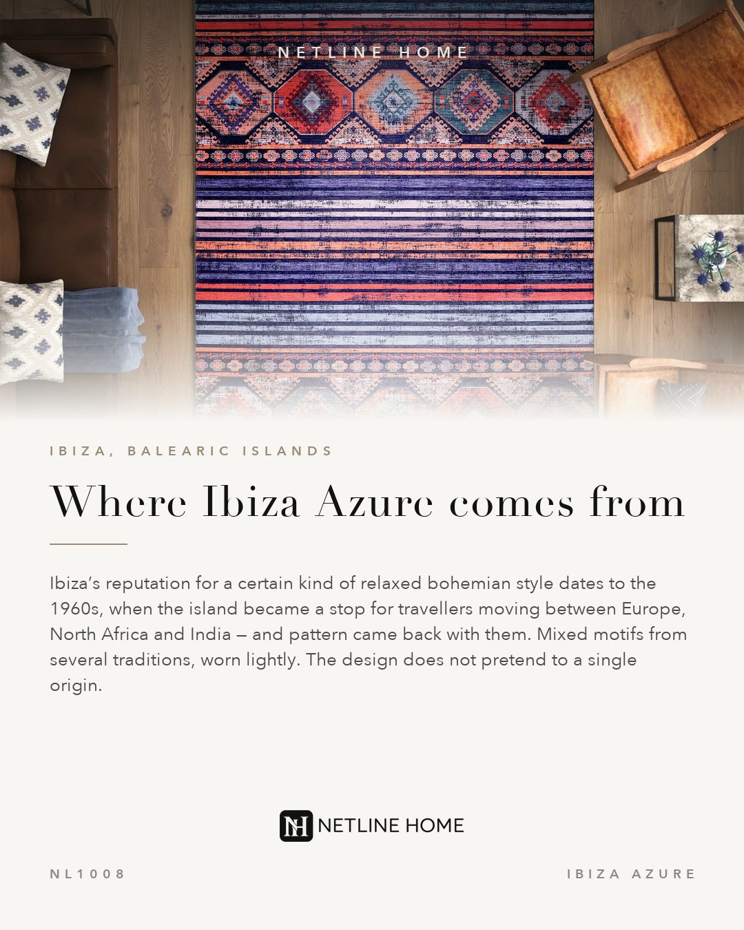 Dusky Patina Bright Blue Bohemian Washable Rug — foto em ambiente 17
