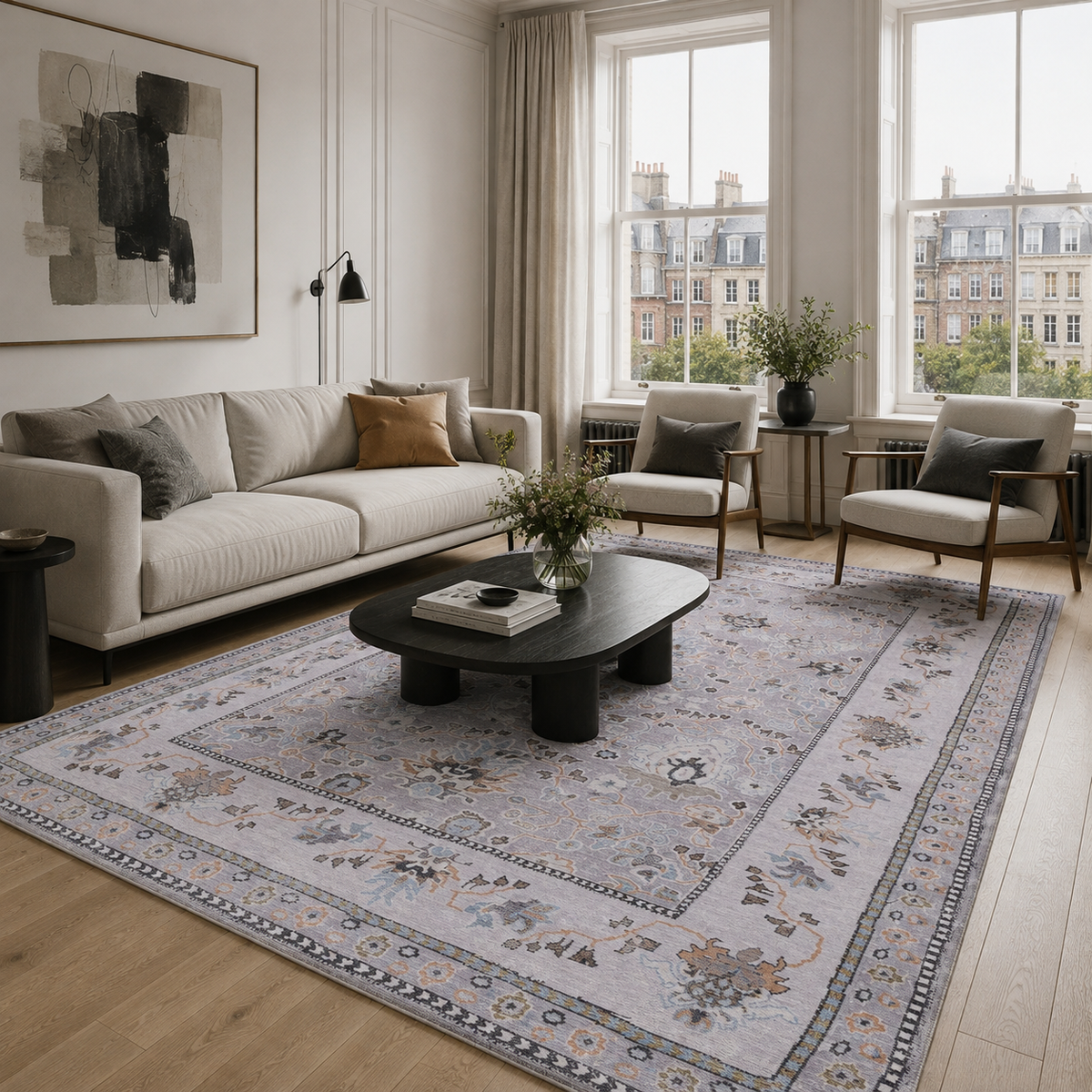 Refined Medallion Soft Grey Traditional Washable Rug — room photo 2