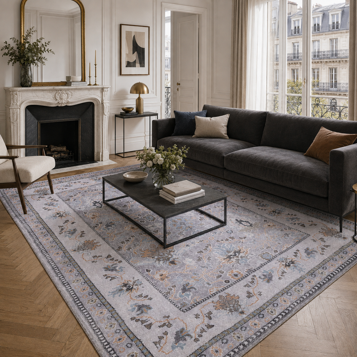 Refined Medallion Soft Grey Traditional Washable Rug — room photo 3