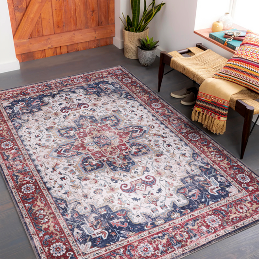 Radiant Border Deep Red Traditional Washable Rug
