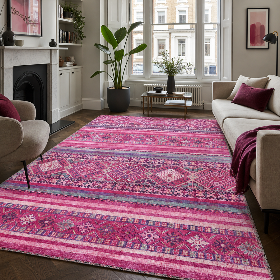 Waschbarer Teppich Santorini Fuchsia Boho