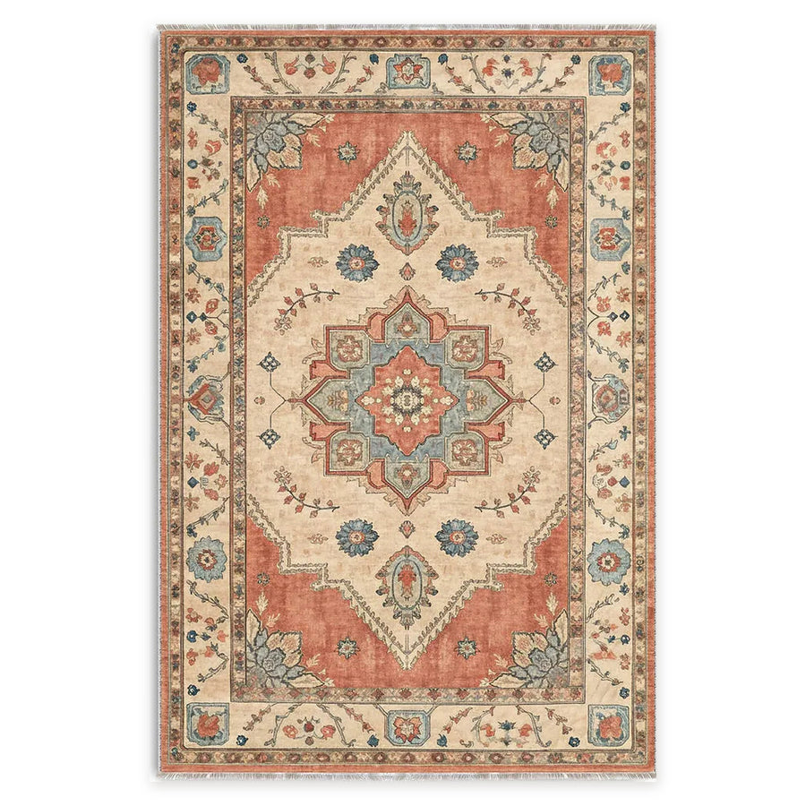 Rich Medallion Burnt Red Traditional Washable Rug