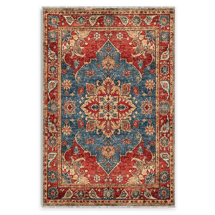 Crown Floral Burnt Red Traditional Washable Rug