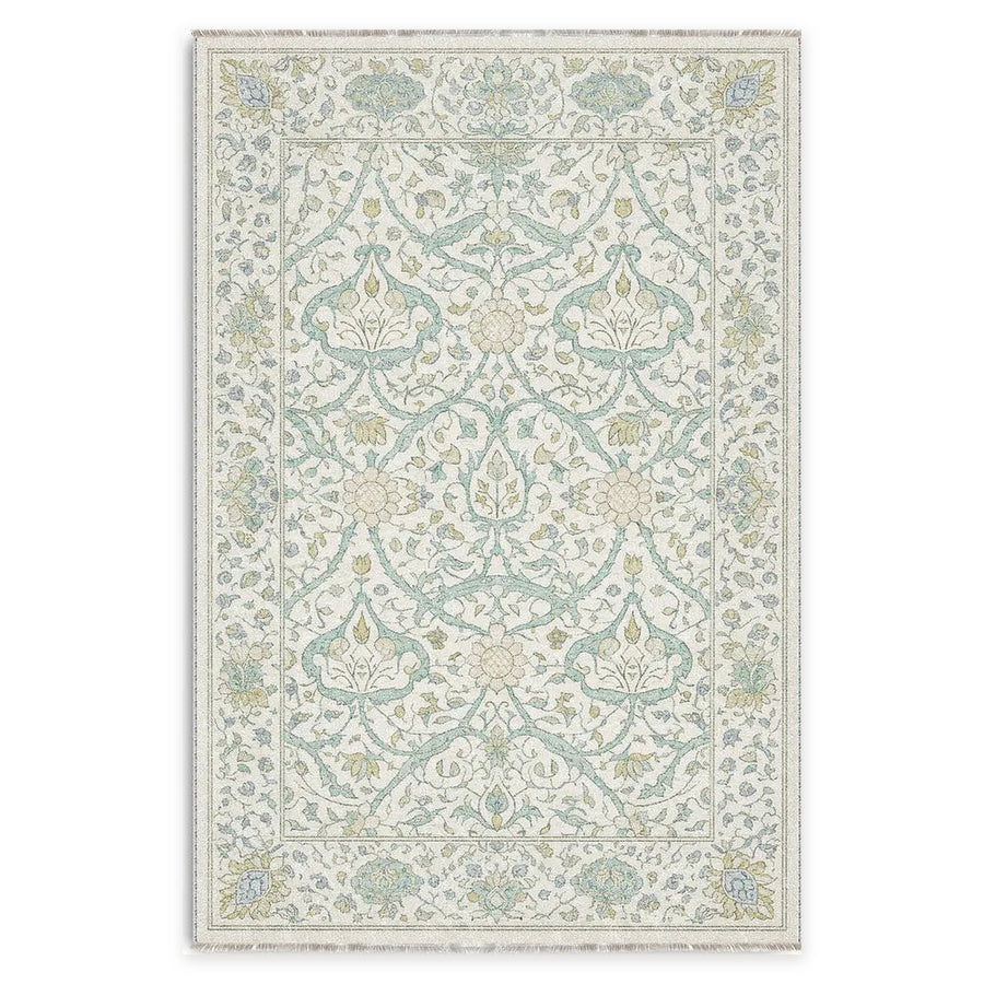 Collected Border Muted Green Floral Washable Rug