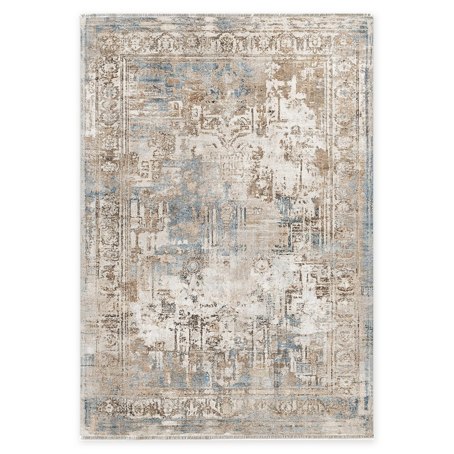 Crossed Border Mid Blue Traditional Washable Rug