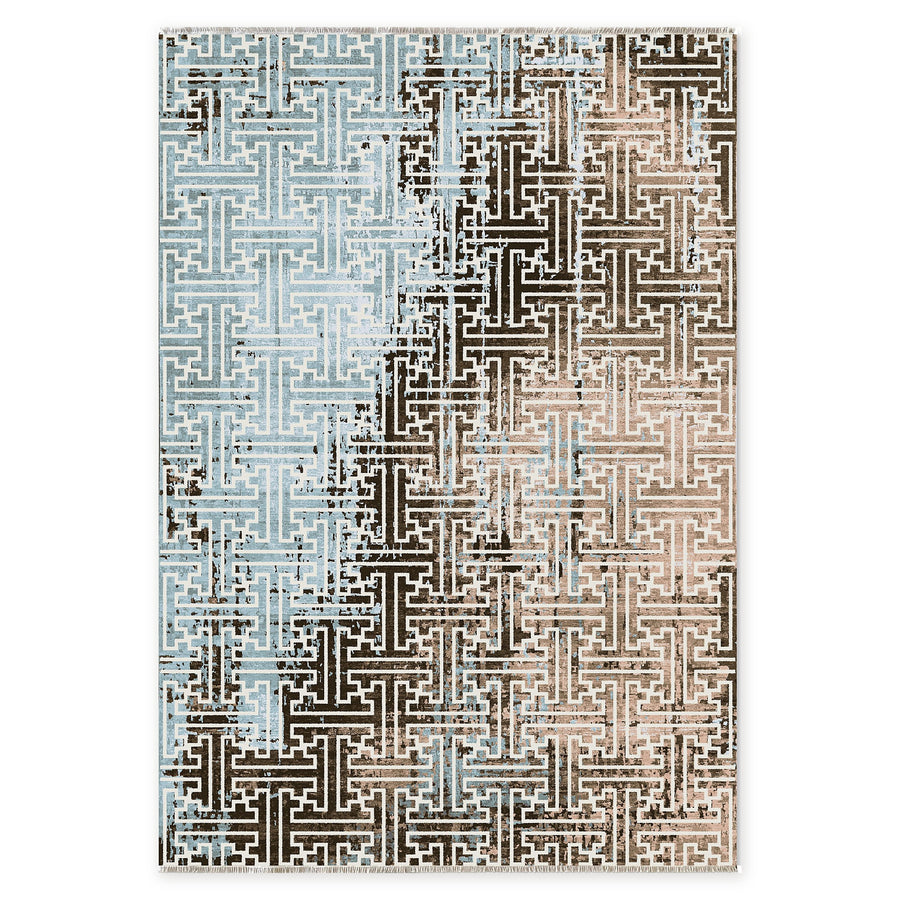 Detailed Geometry Mid Blue Washable Rug