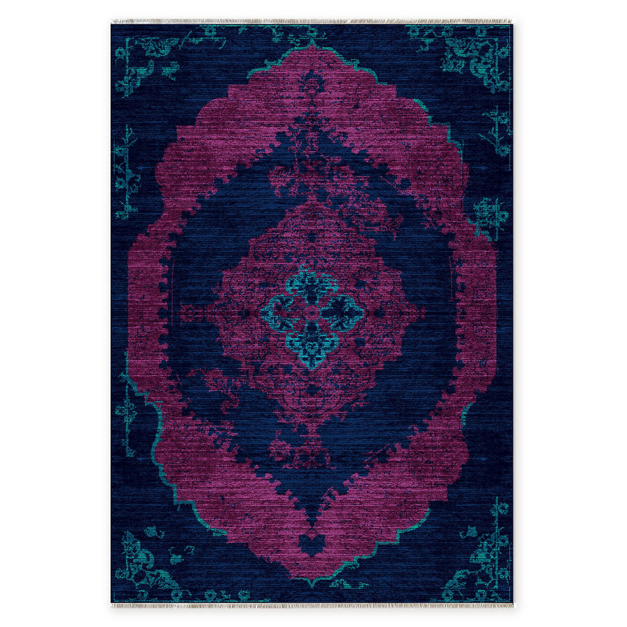 Traditional Medallion Mid Blue Washable Rug