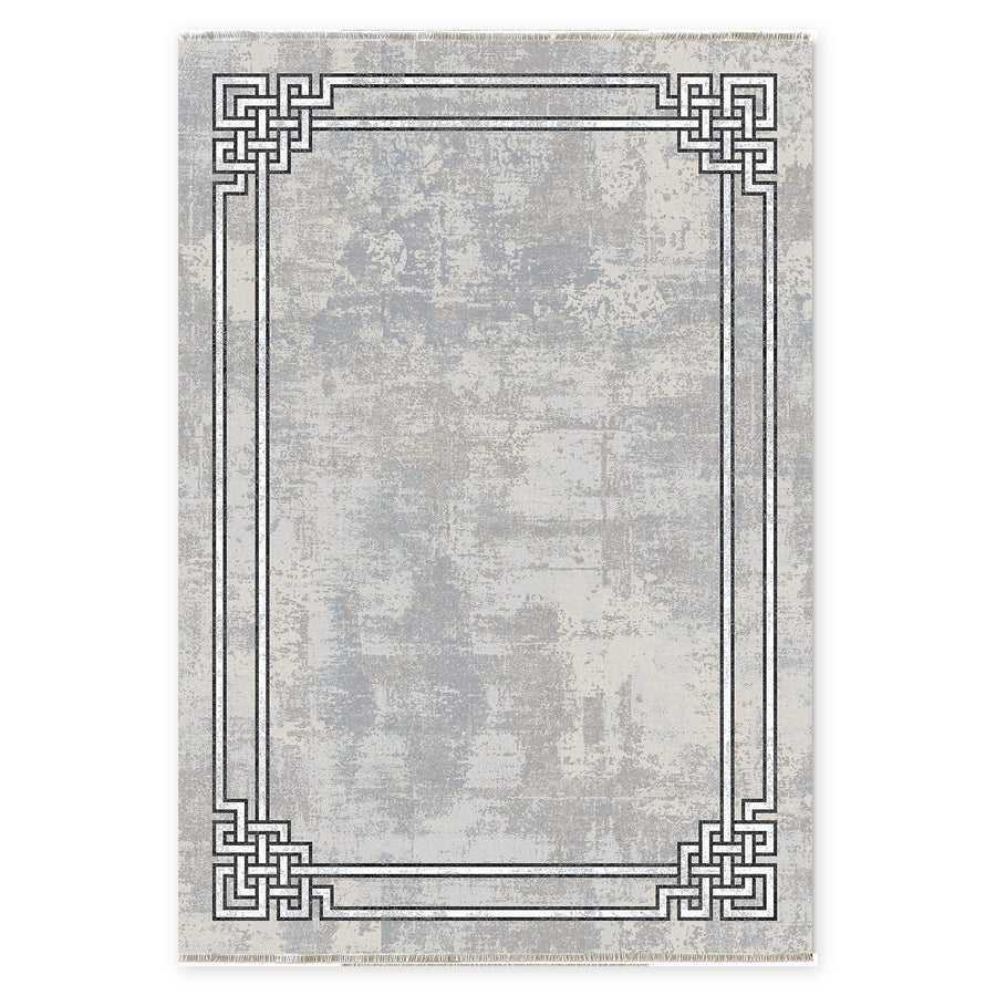 Symmetric Linework Mid Grey Modern Washable Rug
