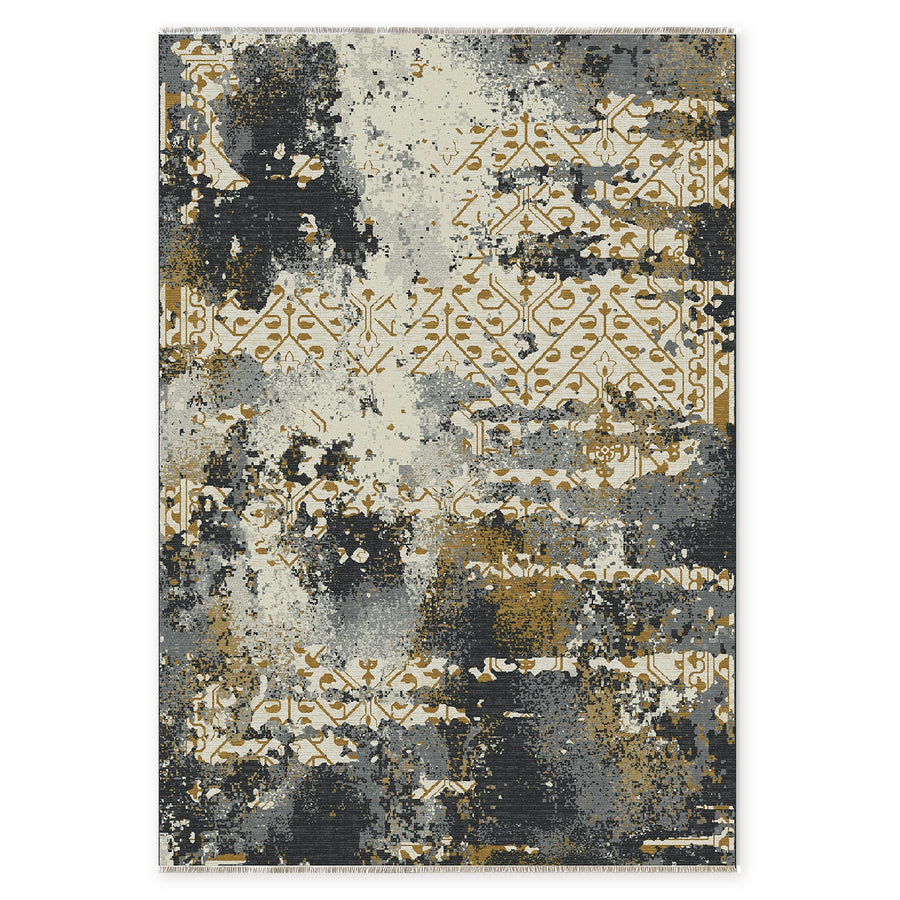 Dusky Linework Golden Ochre Modern Washable Rug