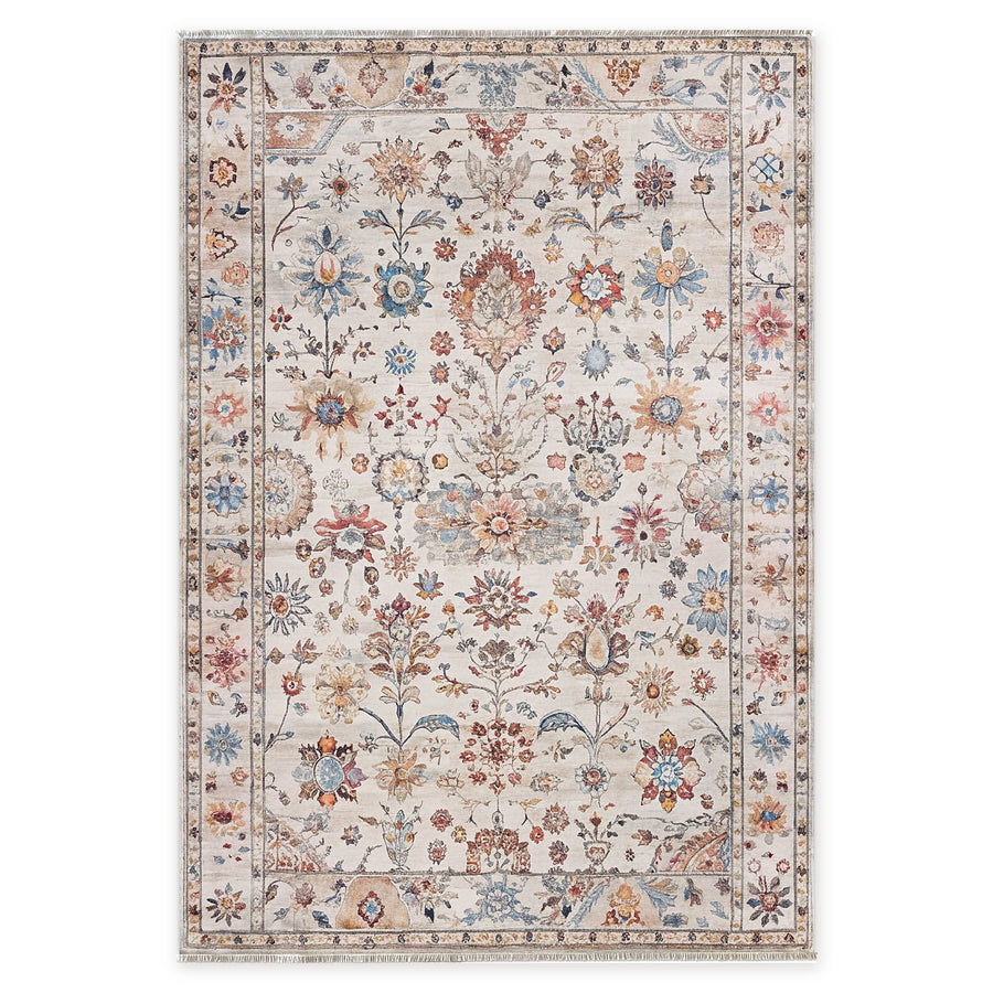 Georgian Floral Natural Beige Traditional Washable Rug