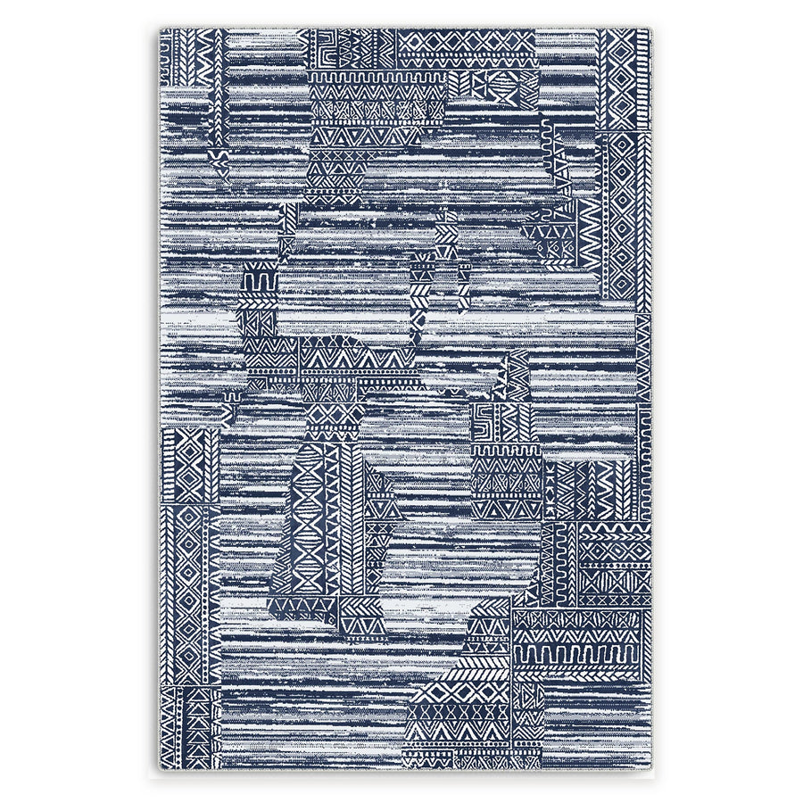 Dusky Linework Mid Blue Modern Washable Rug