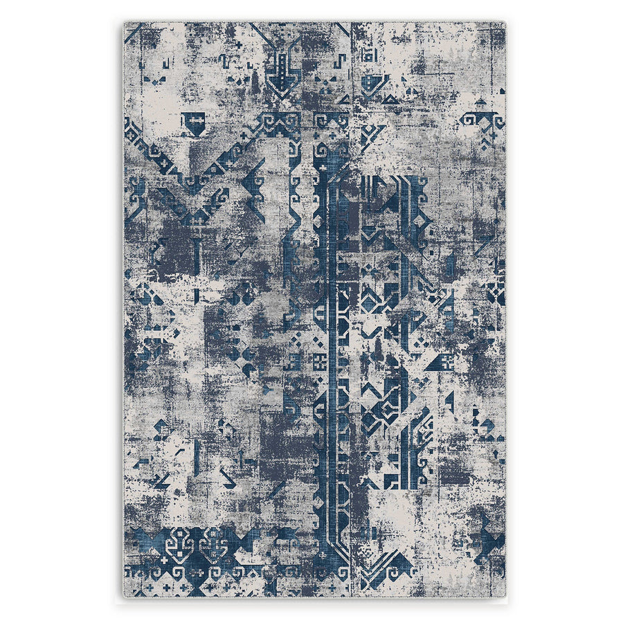 Tiled Border Deep Blue Heritage Washable Rug