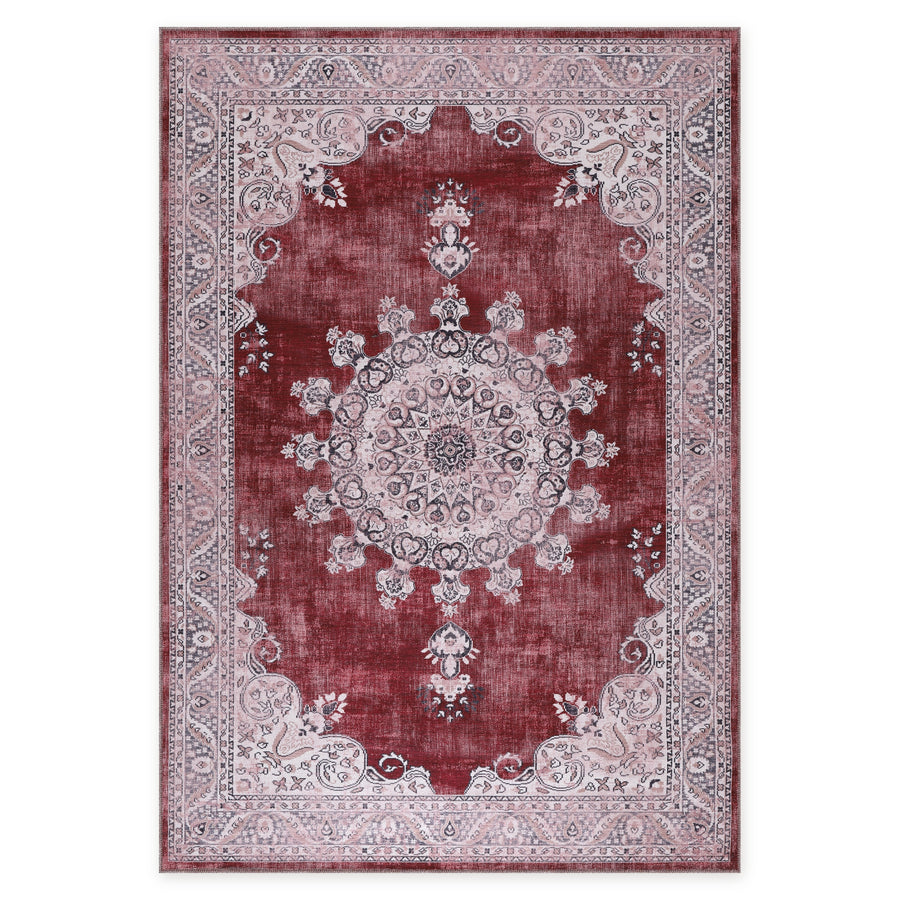 Crown Floral Burgundy Traditional Washable Rug