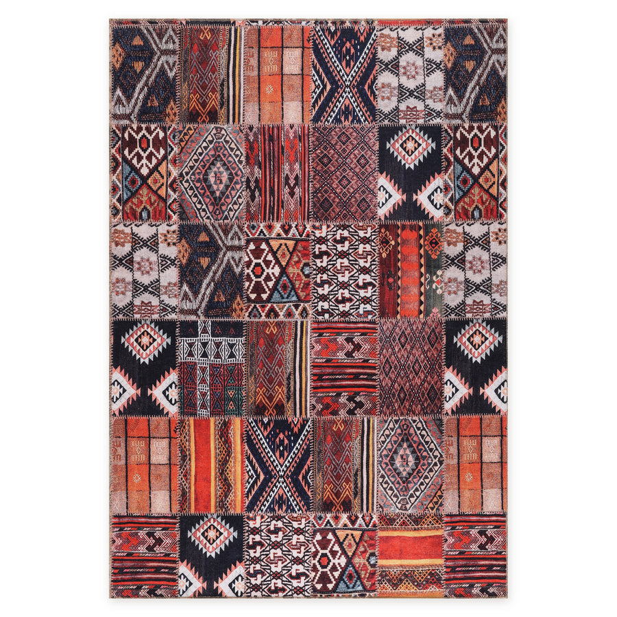 Tiled Border Deep Red Heritage Washable Rug