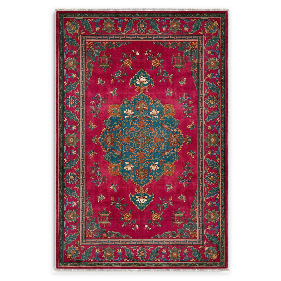 Wandering Lattice Deep Red Traditional Washable Rug