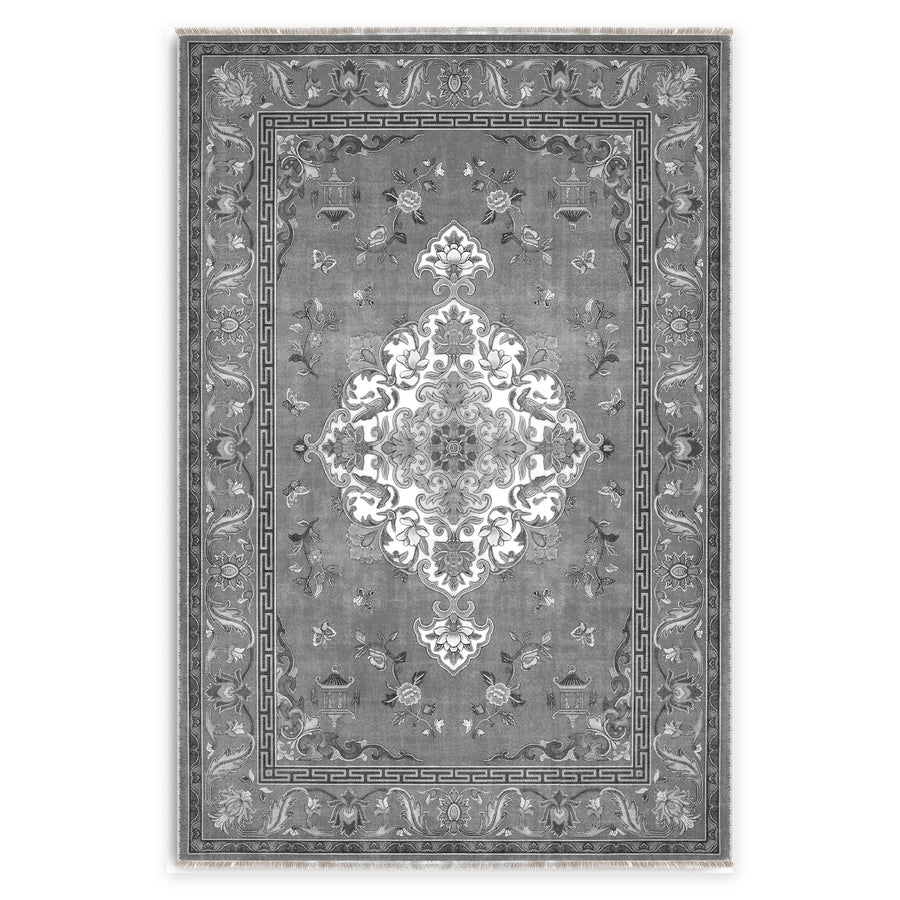 Contemporary Floral Grey Traditional Washable Rug