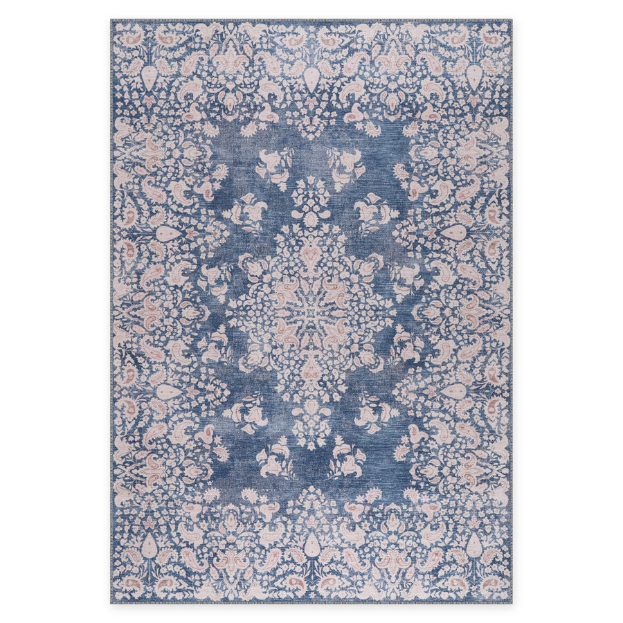 Painted Medallion Mid Blue Traditional Washable Rug