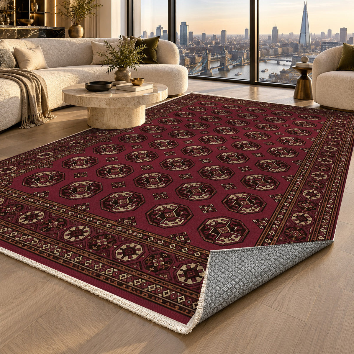 Afghan Red Gul Burgundy Gold Ethnic Washable Rug — london luxury living