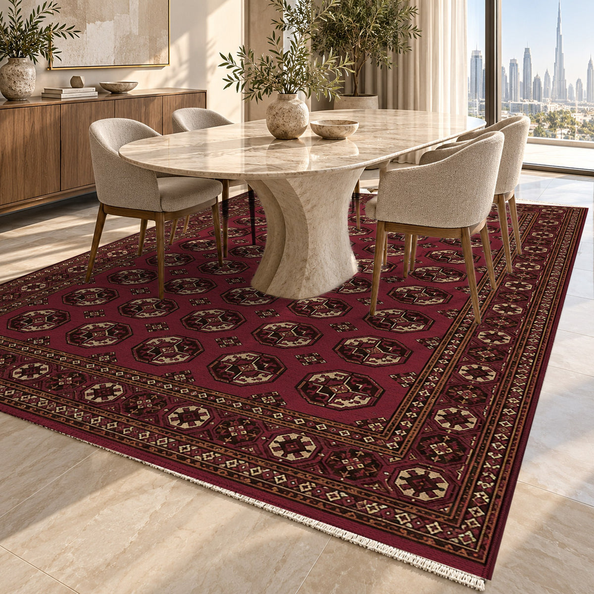 Afghan Red Gul Burgundy Gold Ethnic Washable Rug — dubai dining