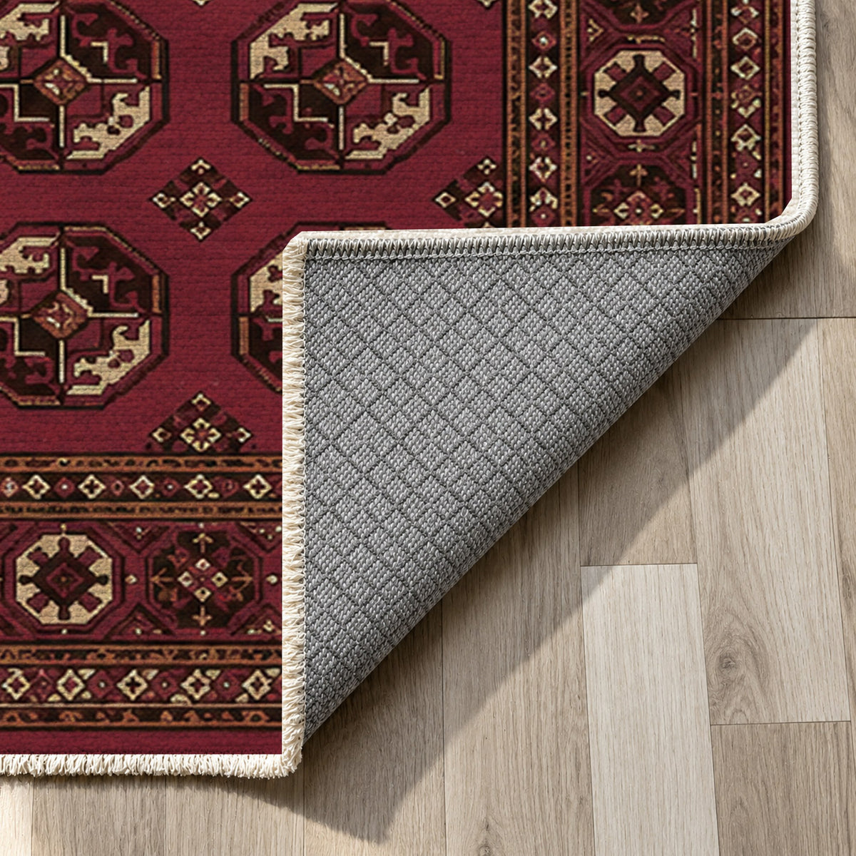 Afghan Red Gul Burgundy Gold Ethnic Washable Rug — backing close up