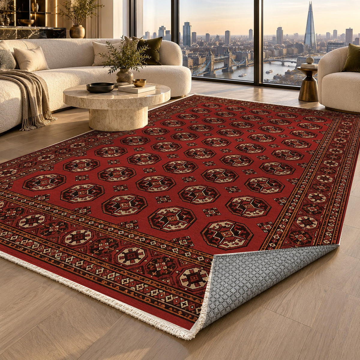 Afghan Red Gul Charcoal Red Ethnic Washable Rug — london luxury living