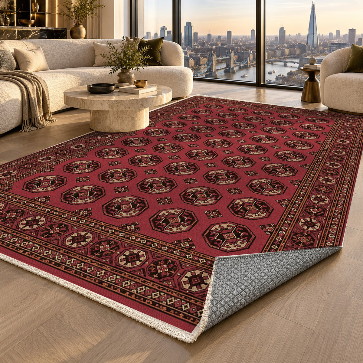 Afghan Red Gul Cranberry Sand Ethnic Washable Rug — london luxury living