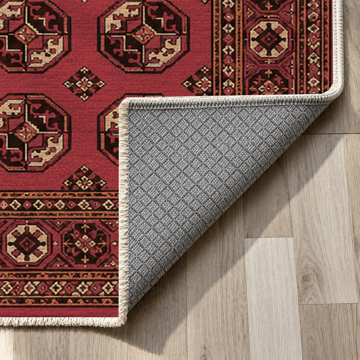 Afghan Red Gul Cranberry Sand Ethnic Washable Rug — backing close up