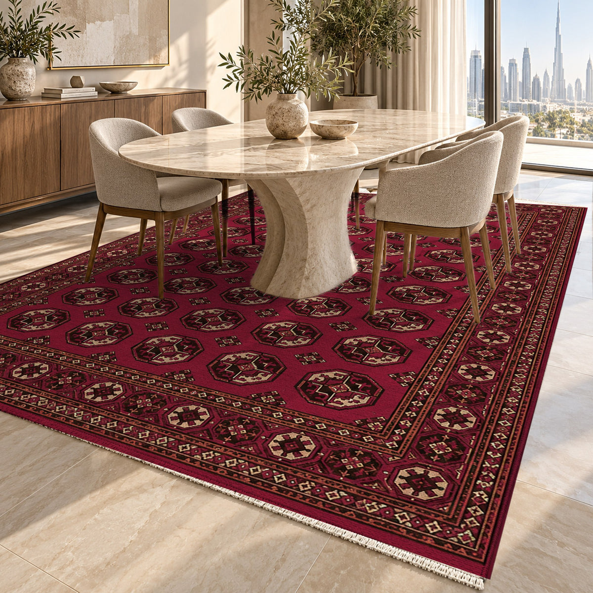 Afghan Red Gul Deep Garnet Ethnic Washable Rug — dubai dining