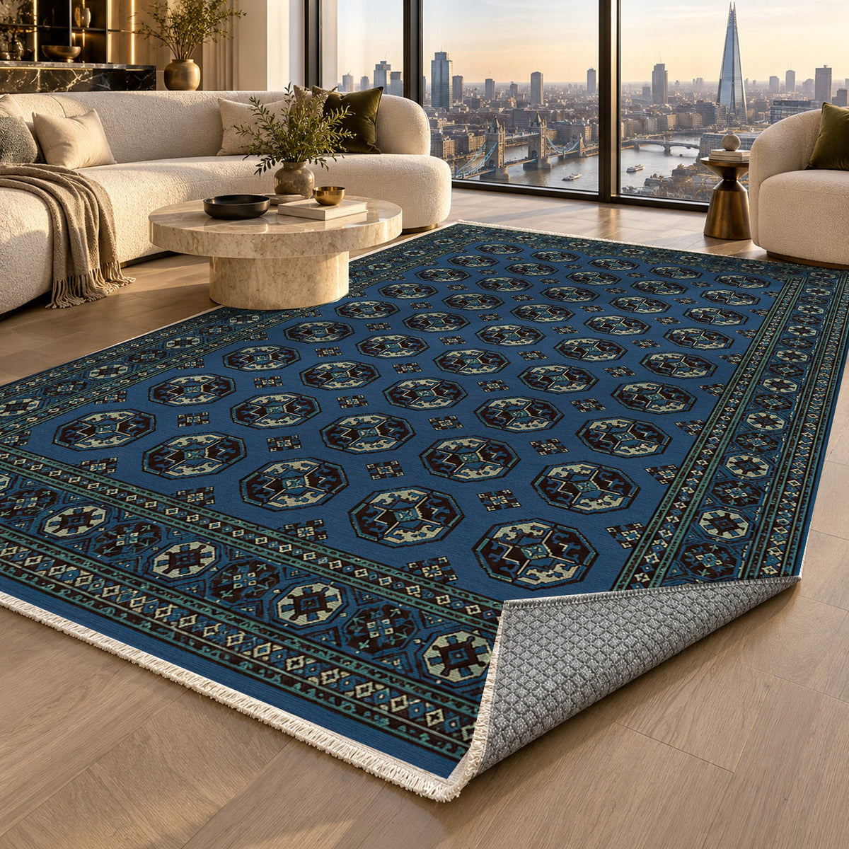 Afghan Red Gul Midnight Indigo Ethnic Washable Rug — london luxury living