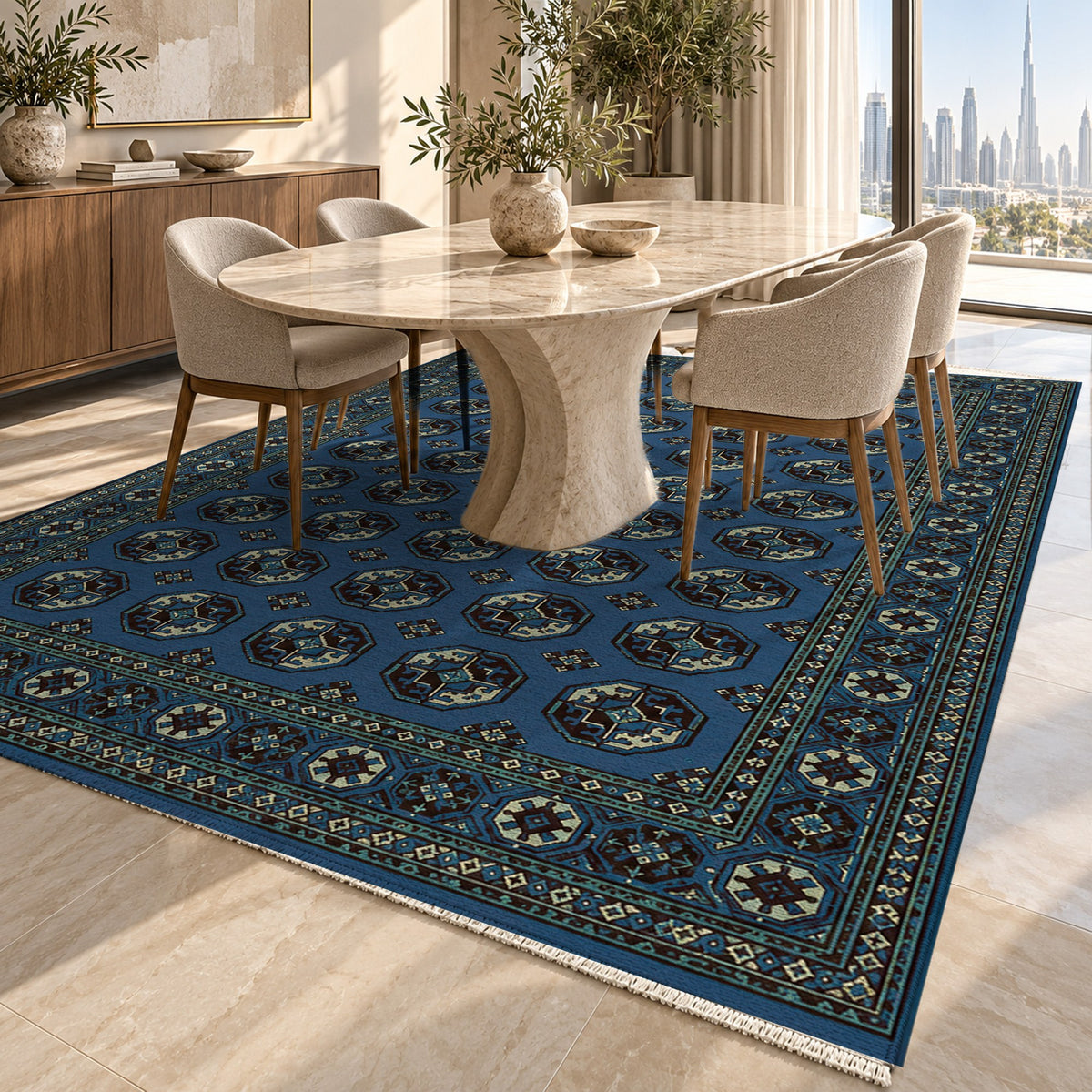 Afghan Red Gul Midnight Indigo Ethnic Washable Rug — dubai dining
