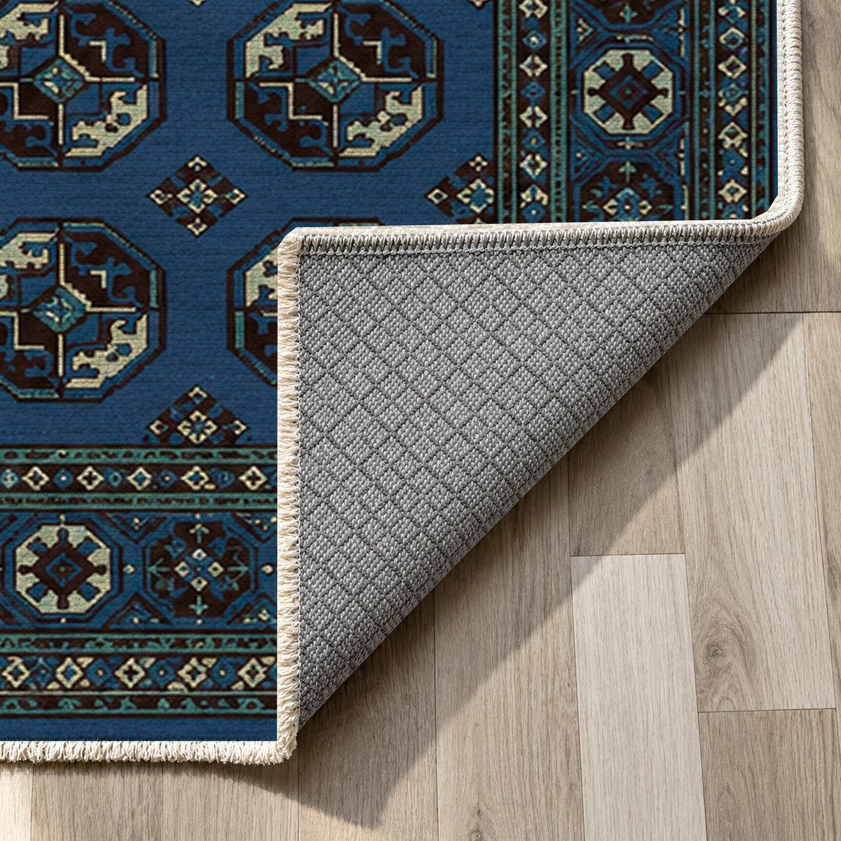 Afghan Red Gul Navy Cream Ethnic Washable Rug — backing close up