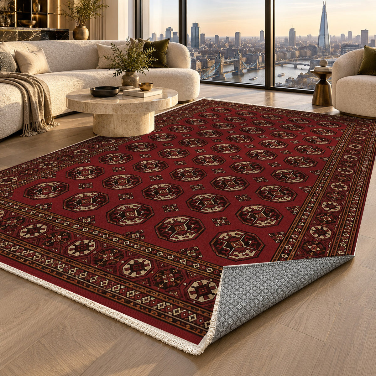 Afghan Red Gul Oxblood Ivory Ethnic Washable Rug — london luxury living