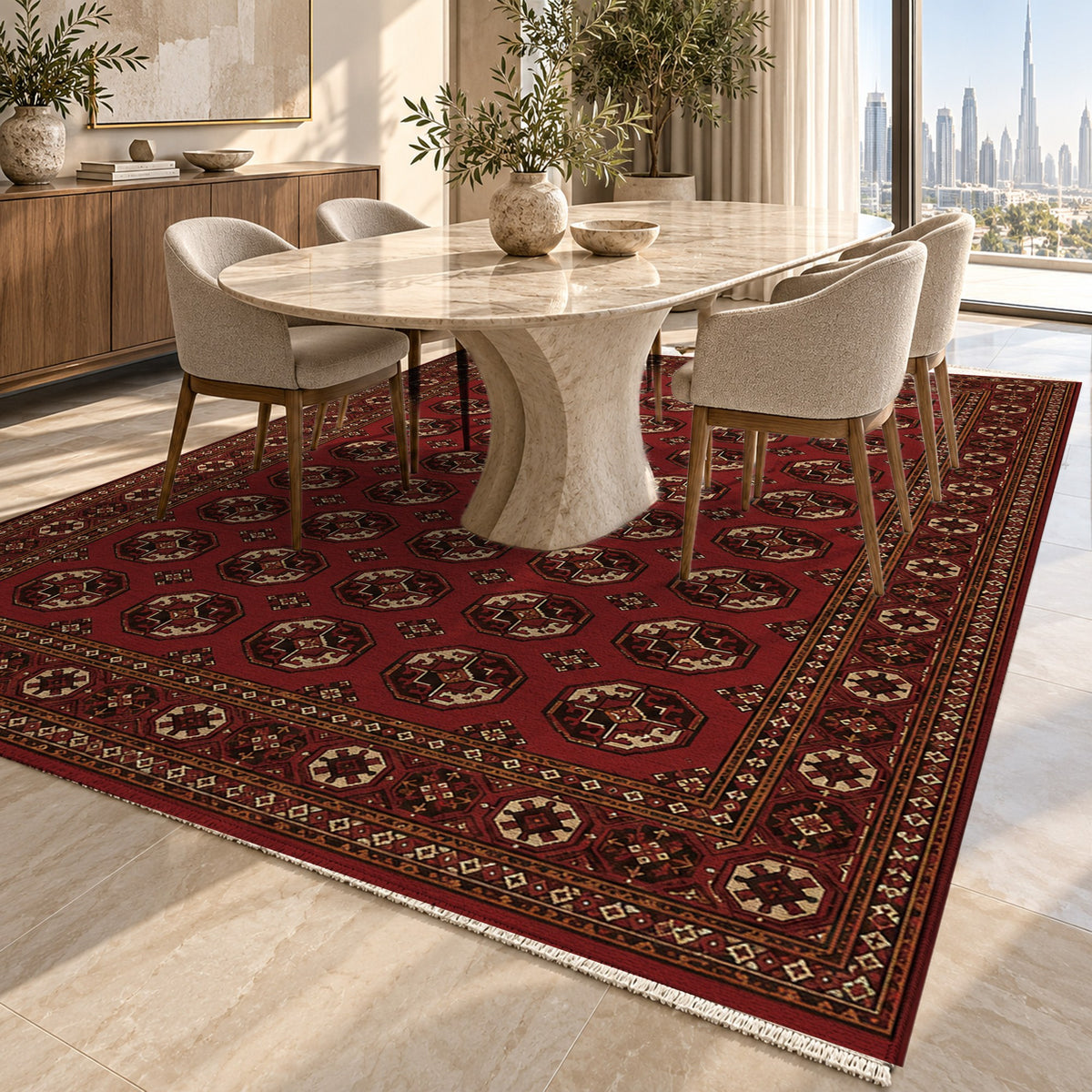 Afghan Red Gul Oxblood Ivory Ethnic Washable Rug — dubai dining