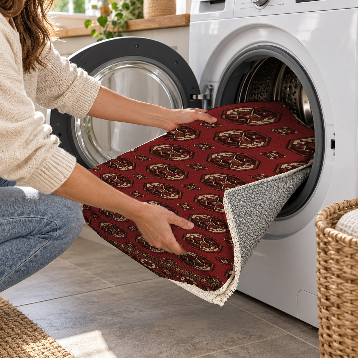 Afghan Red Gul Oxblood Ivory Ethnic Washable Rug — washing machine