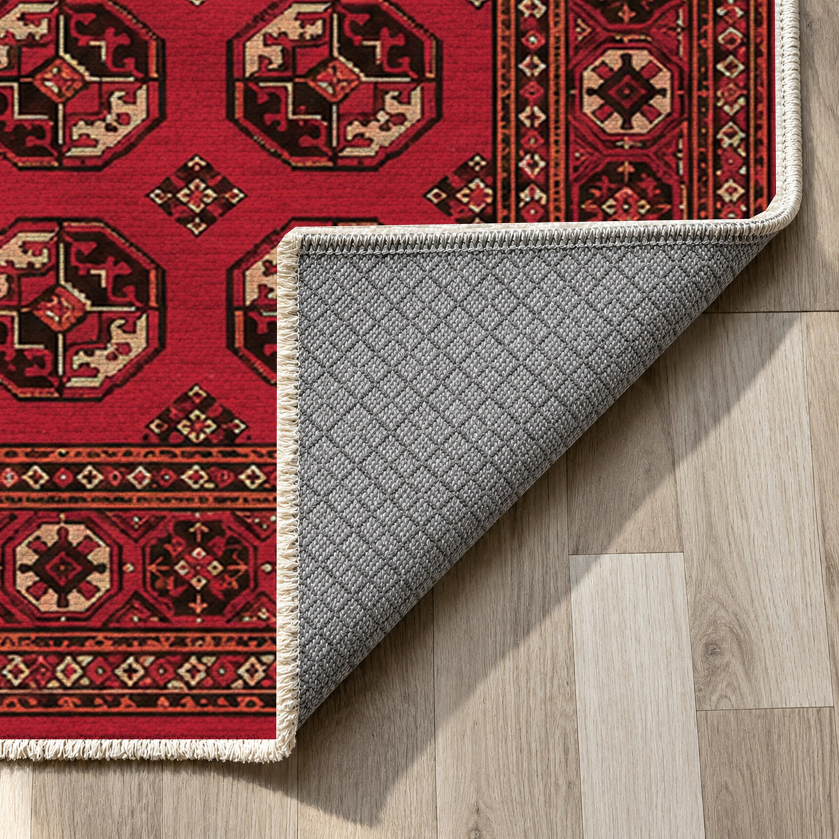 Afghan Red Gul Pomegranate Ethnic Washable Rug — backing close up