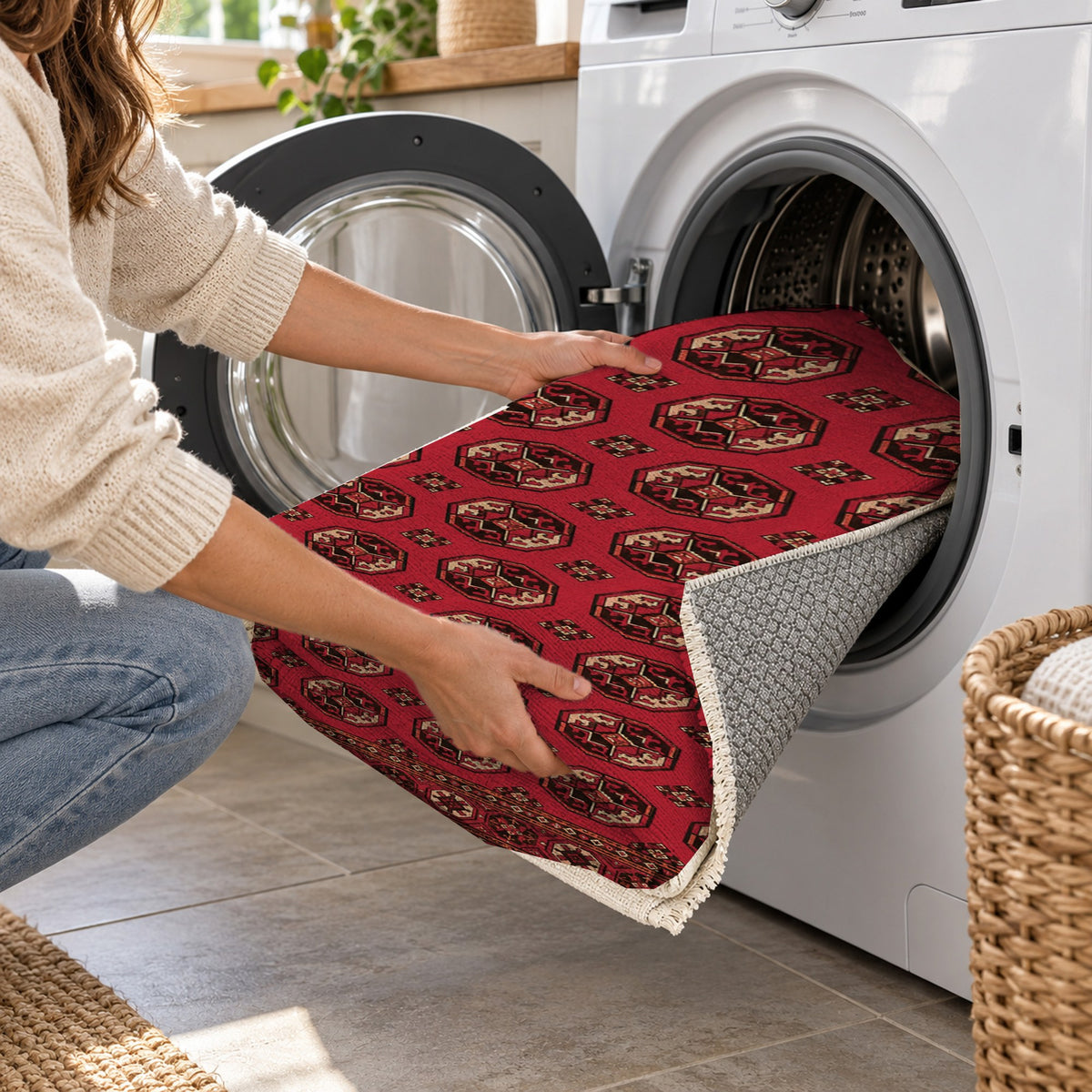 Afghan Red Gul Pomegranate Ethnic Washable Rug — washing machine