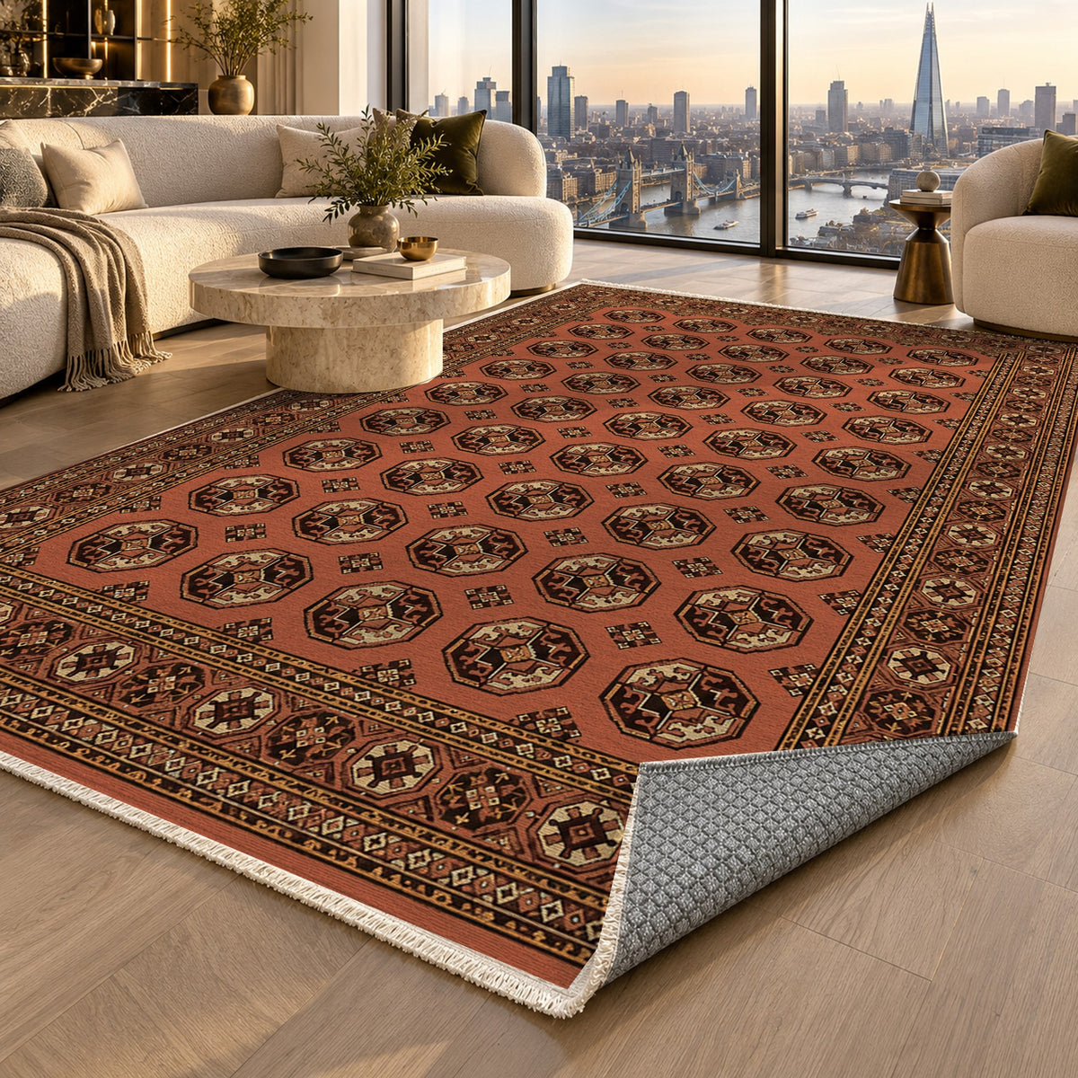 Afghan Red Gul Terracotta Cream Ethnic Washable Rug — london luxury living