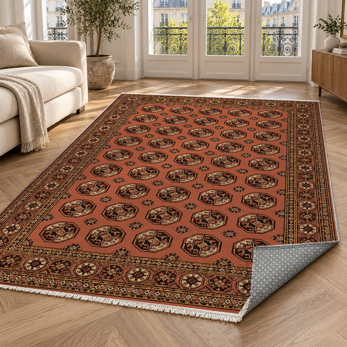 Afghan Red Gul Terracotta Cream Ethnic Washable Rug — paris living