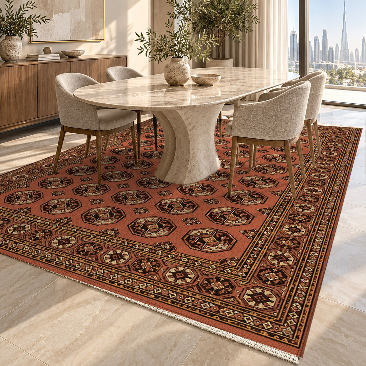 Afghan Red Gul Terracotta Cream Ethnic Washable Rug — dubai dining