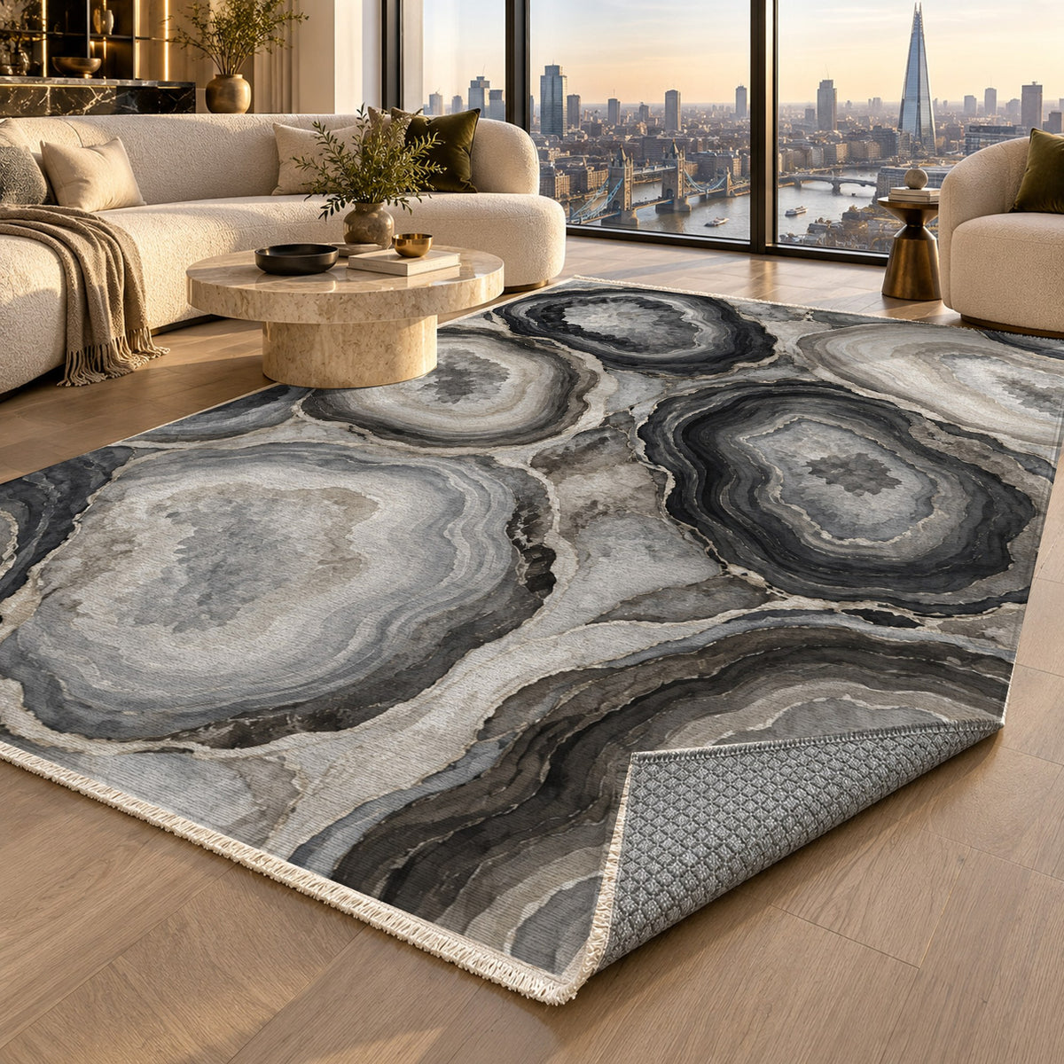 Agate Windows Charcoal Abstract Washable Rug — london luxury living