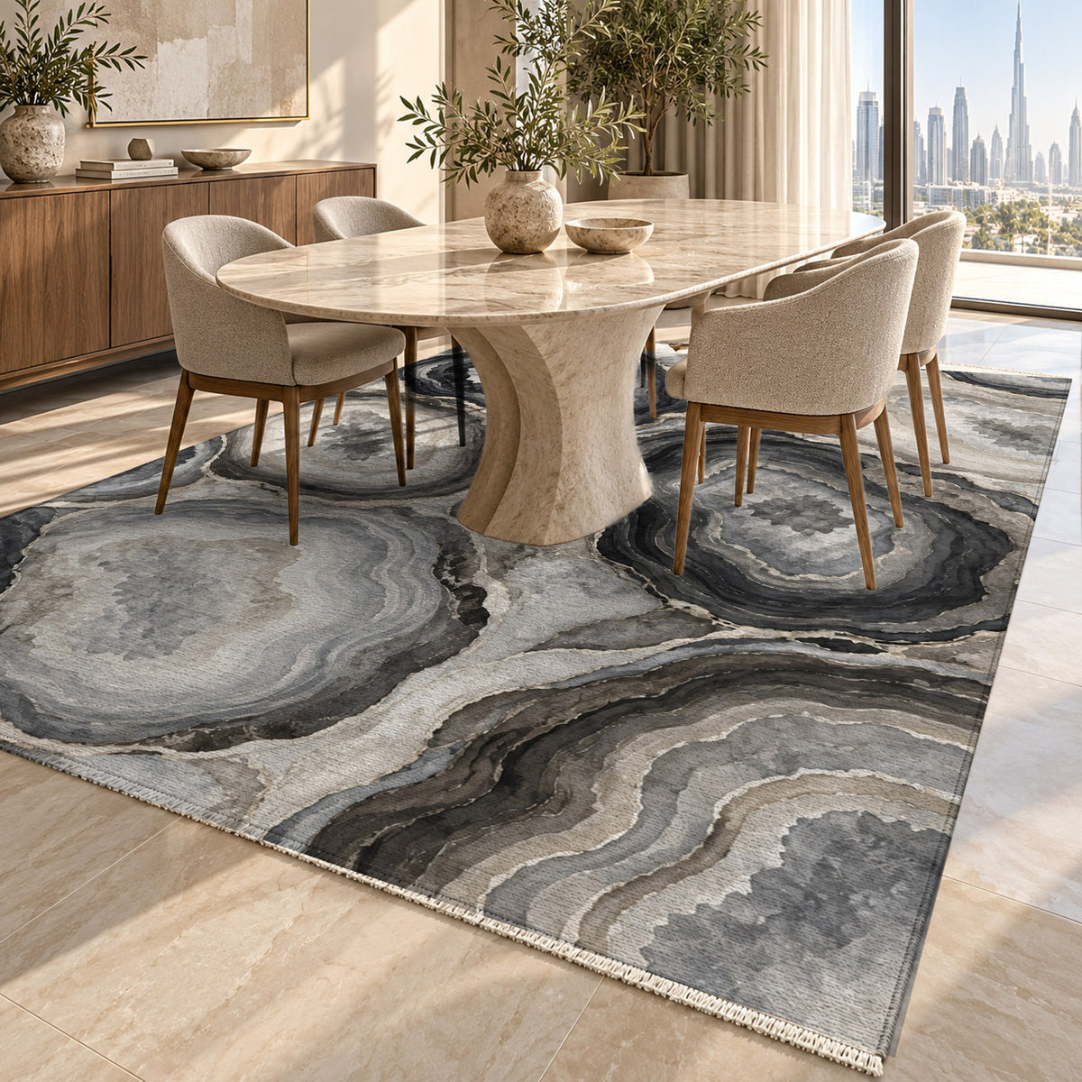 Agate Windows Charcoal Abstract Washable Rug — dubai dining